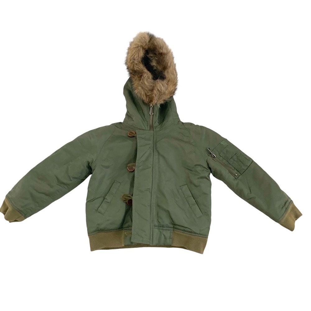 JUICY JACKET WITH FAUX FUR LINED HOOD SIZE:6 ARMY GREEN LARGE BUTTON AND ZIP